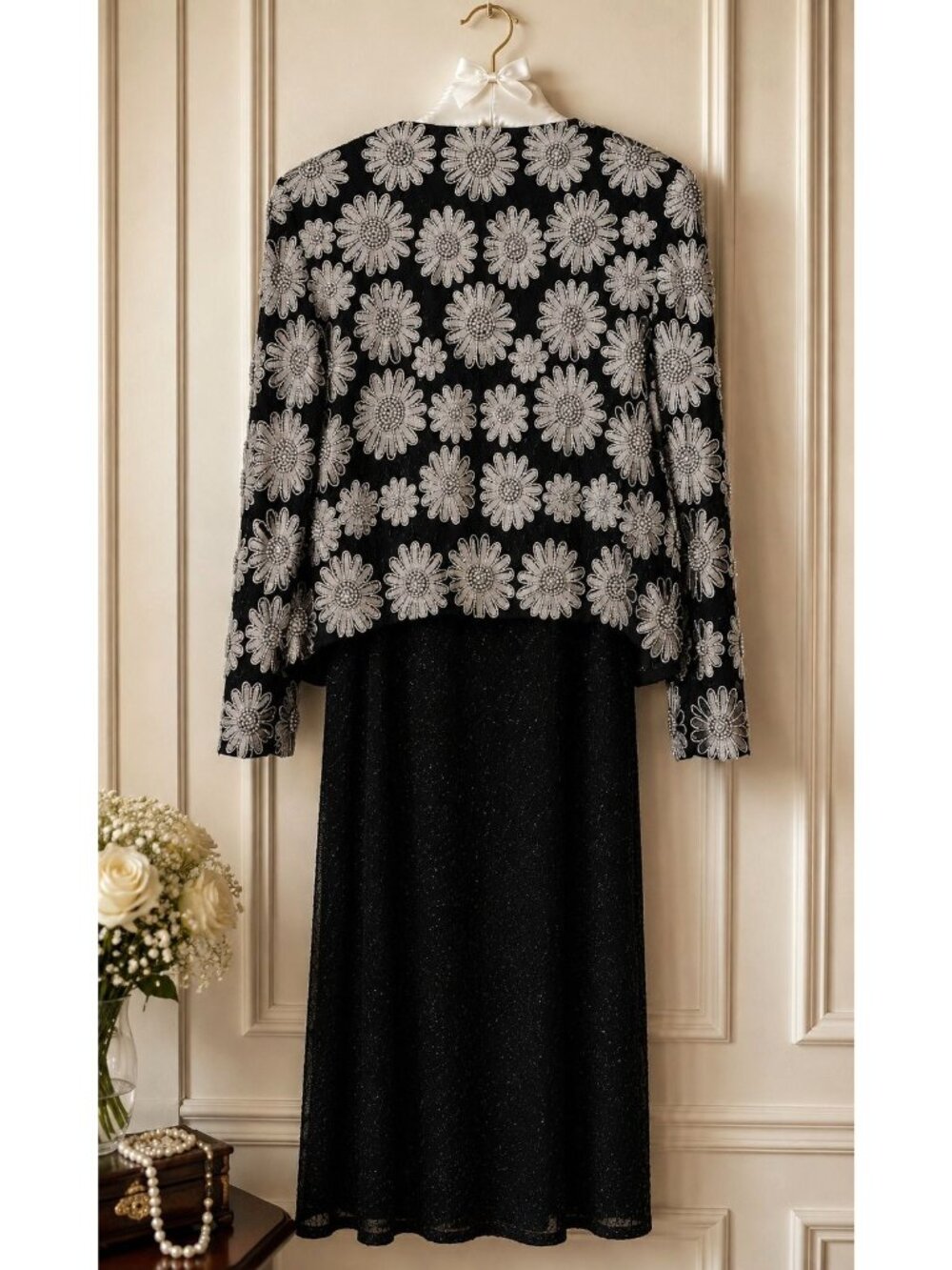 Pure Silk Black White Floral Hand Beaded Women M Vintage Evening Dress & Jacket - Picture 5 of 16
